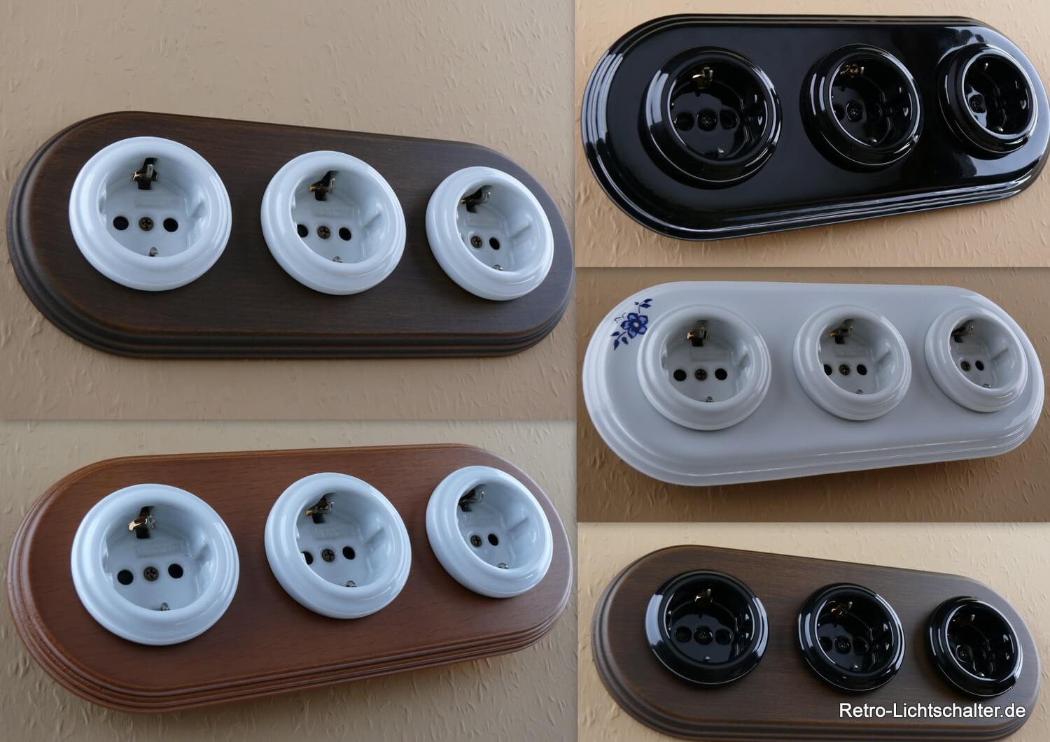 Komplette Schalter und Steckdosen aus der Retro Serie Garby Colonial kombiniert im 3fach Rahmen